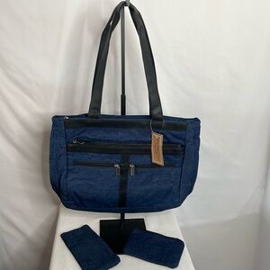 Gold coast denim bag with coin purse and eyeglasses pouch multiple zipper pocket